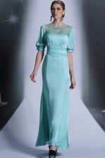  Half Sleeves Floor Length Sequins and Pleated Zipper Prom Evening Gown with Aqua Blue