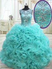 New Arrival Scoop See Through Fabric with Rolling Flowers Floor Length Ball Gowns Sleeveless Aqua Blue Quinceanera Gown Lace Up
