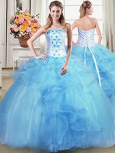 High Class Baby Blue Sleeveless Floor Length Beading and Appliques and Ruffles Lace Up 15 Quinceanera Dress
