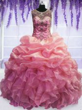 Edgy Scoop Sleeveless 15th Birthday Dress Floor Length Beading and Pick Ups Baby Pink Organza
