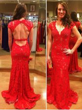 Custom Designed Mermaid Red Prom Dress Prom and Party with Lace Sweetheart Cap Sleeves Court Train Backless