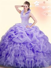  Lavender Quinceanera Gowns Military Ball and Sweet 16 and Quinceanera with Beading and Ruffles and Pick Ups High-neck Sleeveless Brush Train Backless