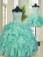  Three Piece Floor Length Lace Up Sweet 16 Quinceanera Dress Apple Green for Military Ball and Sweet 16 and Quinceanera with Beading and Ruffles