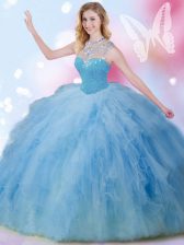 Superior Blue Sweet 16 Quinceanera Dress Military Ball and Sweet 16 and Quinceanera with Beading and Ruffles and Sequins High-neck Sleeveless Zipper