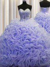  Lavender Fabric With Rolling Flowers Lace Up Quince Ball Gowns Sleeveless Brush Train Beading and Pick Ups