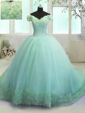 New Style Turquoise Off The Shoulder Neckline Hand Made Flower 15th Birthday Dress Sleeveless Lace Up