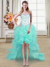  Aqua Blue Ball Gowns Organza Straps Sleeveless Beading and Ruffles High Low Lace Up Prom Evening Gown