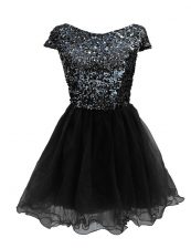 Beautiful Sequins A-line Dress for Prom Black Bateau Chiffon Cap Sleeves Mini Length Zipper