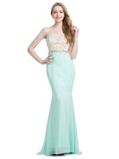  Sleeveless With Train Beading Criss Cross Dress for Prom with Apple Green Brush Train