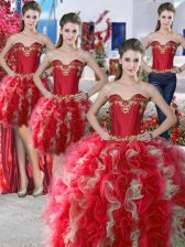 Deluxe Four Piece Red Sleeveless Organza Lace Up Vestidos de Quinceanera for Military Ball and Sweet 16 and Quinceanera