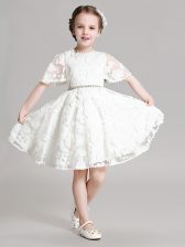 Noble White Short Sleeves Mini Length Beading and Appliques Zipper Toddler Flower Girl Dress
