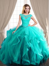  Scoop Cap Sleeves With Train Lace Up Sweet 16 Dress Turquoise for Military Ball and Sweet 16 and Quinceanera with Beading and Appliques and Ruffles Brush Train