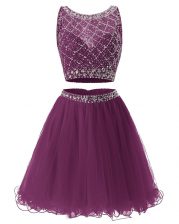  Purple A-line Sweetheart Sleeveless Tulle Mini Length Side Zipper Beading and Belt Evening Dress