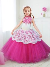 Clearance Halter Top Floor Length Hot Pink Flower Girl Dresses for Less Tulle Sleeveless Beading and Lace