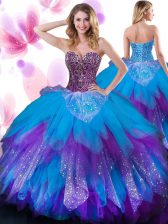 Sweet Multi-color Tulle Lace Up Quinceanera Dress Sleeveless Floor Length Beading and Ruffled Layers