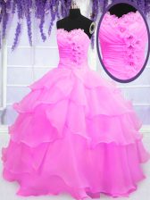 Cute Sleeveless Organza Floor Length Lace Up Quinceanera Gowns in Hot Pink with Beading and Ruffled Layers