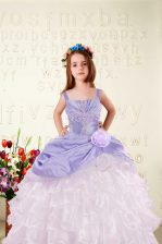 Glorious Sleeveless Floor Length Beading and Ruffled Layers and Hand Made Flower Lace Up Kids Formal Wear with Lavender