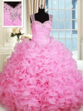 Pretty Straps Organza Sleeveless Floor Length 15 Quinceanera Dress and Beading and Ruffles