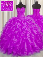 Glamorous Ball Gowns Quinceanera Dresses Fuchsia Sweetheart Organza Sleeveless Floor Length Lace Up