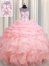 Custom Fit Scoop See Through Organza Sleeveless Floor Length 15 Quinceanera Dress and Beading and Ruffles and Pick Ups