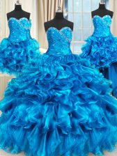 Beautiful Four Piece Blue Sleeveless Beading and Ruffles and Ruching Floor Length Quinceanera Gowns
