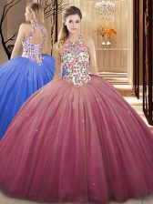  High-neck Sleeveless Tulle Vestidos de Quinceanera Lace and Appliques Lace Up