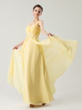  Light Yellow One Shoulder Neckline Beading and Ruching Prom Gown Sleeveless Zipper