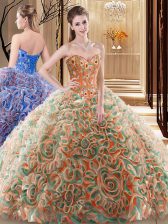 Sexy Multi-color Fabric With Rolling Flowers Lace Up Quinceanera Dress Sleeveless With Brush Train Embroidery and Ruffles