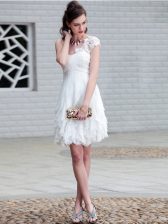  One Shoulder White Organza Zipper Prom Dresses Sleeveless Mini Length Lace and Ruffles