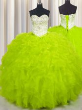 Chic Beading and Ruffles 15th Birthday Dress Yellow Green Lace Up Sleeveless Floor Length