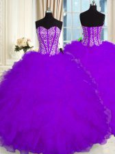 Fashion Purple 15 Quinceanera Dress Military Ball and Sweet 16 and Quinceanera with Beading and Ruffles Sweetheart Sleeveless Lace Up