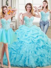  Three Piece Aqua Blue Ball Gowns Organza Sweetheart Sleeveless Beading and Ruffles and Pick Ups Floor Length Lace Up Ball Gown Prom Dress