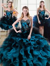  Four Piece Sweetheart Sleeveless Sweet 16 Dress Floor Length Beading and Ruffles and Hand Made Flower Black and Blue Organza and Tulle