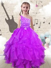 Exquisite One Shoulder Fuchsia Ball Gowns Beading and Ruffles Little Girl Pageant Dress Lace Up Organza Sleeveless Floor Length