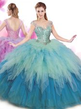 Fine Floor Length Multi-color Ball Gown Prom Dress Tulle Cap Sleeves Beading and Ruffles