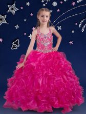 Dramatic Floor Length Fuchsia Child Pageant Dress Halter Top Sleeveless Lace Up