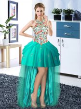 Discount Halter Top Turquoise Tulle Lace Up Dress for Prom Sleeveless High Low Embroidery and Pick Ups