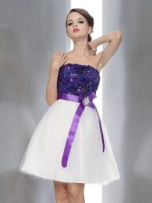 Traditional A-line Prom Dresses White And Purple Strapless Chiffon Sleeveless Knee Length Zipper