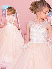 Pretty Scoop Champagne Sleeveless With Train Lace Lace Up Flower Girl Dresses