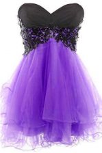  Lavender A-line Sweetheart Sleeveless Tulle Mini Length Lace Up Appliques Dress for Prom