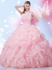  Baby Pink Organza Lace Up Sweet 16 Dress Sleeveless Floor Length Beading and Ruffles and Pick Ups