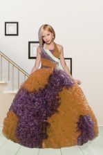  Halter Top Beading and Ruffles Girls Pageant Dresses Purple and Orange Lace Up Sleeveless Floor Length