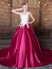 Great Scoop Sleeveless Lace and Appliques Lace Up 15th Birthday Dress with Hot Pink Court Train