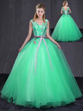 Enchanting Floor Length Lace Up 15th Birthday Dress Turquoise for Military Ball and Sweet 16 and Quinceanera with Appliques and Belt