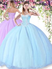  Floor Length Ball Gowns Sleeveless Light Blue Quinceanera Gowns Lace Up