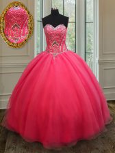  Coral Red Lace Up Quinceanera Dress Beading Sleeveless Floor Length
