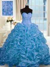  Blue Ball Gowns Organza Sweetheart Sleeveless Beading and Pick Ups Lace Up Ball Gown Prom Dress Sweep Train
