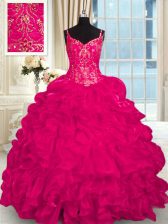 New Style Sleeveless Beading and Embroidery and Ruffles Lace Up Quinceanera Dresses with Hot Pink Brush Train