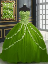 Fashionable Tulle Sleeveless With Train Quinceanera Gown Brush Train and Beading and Appliques