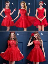 Wonderful Red A-line Tulle and Lace Scoop Sleeveless Lace and Appliques Mini Length Lace Up Dama Dress